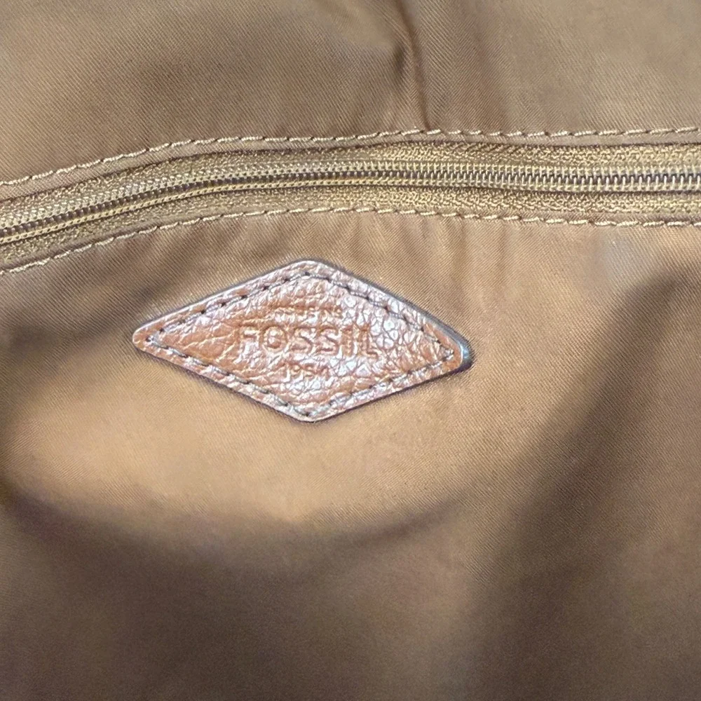 Fossil Navy Cream Geometric Circle Print Tote Bag Brown Leather Trim‎ Large
